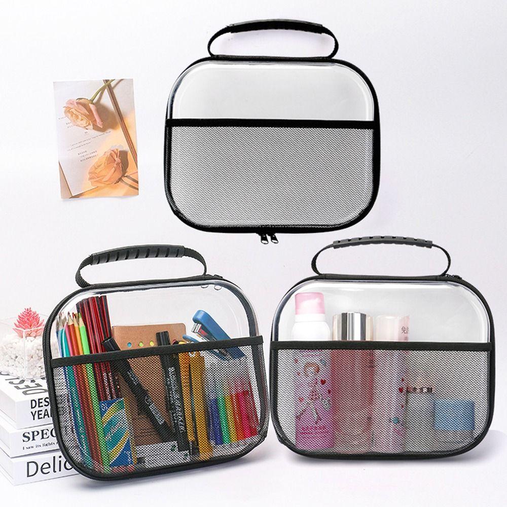 Front Mesh Pocket Toiletries Packaging Bag Transparent Zippered Hard Pouch Small Items