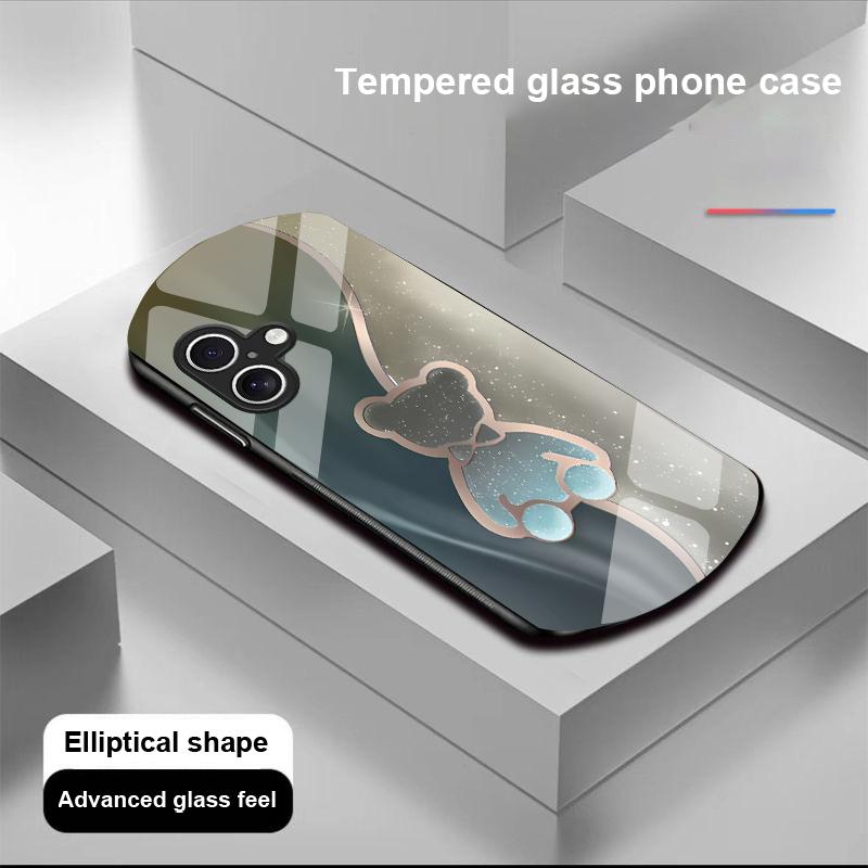 Trompe L'oeil Bear For Apple IPhone 16 11 13 15 14 Pro Max 12 Mini 7 8 Plus XR X XS Elliptical Shaped Tempered Glass Phone Case