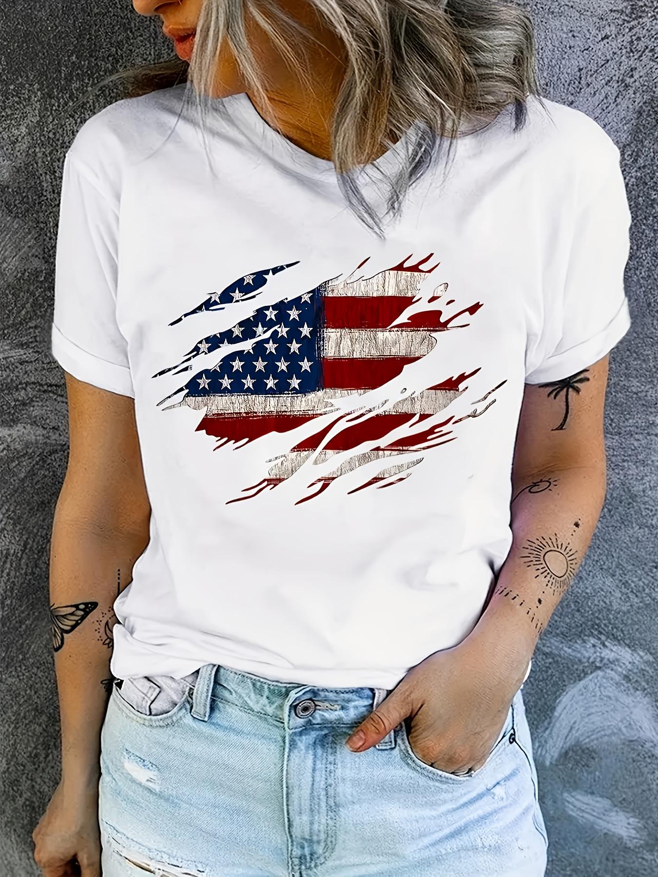 

American Flag Printed T-Shirt, Short-Sleeve Round Neck Casual Top for Independence Day, Suitable for Summer And Spring, Women S Clothing 4XL