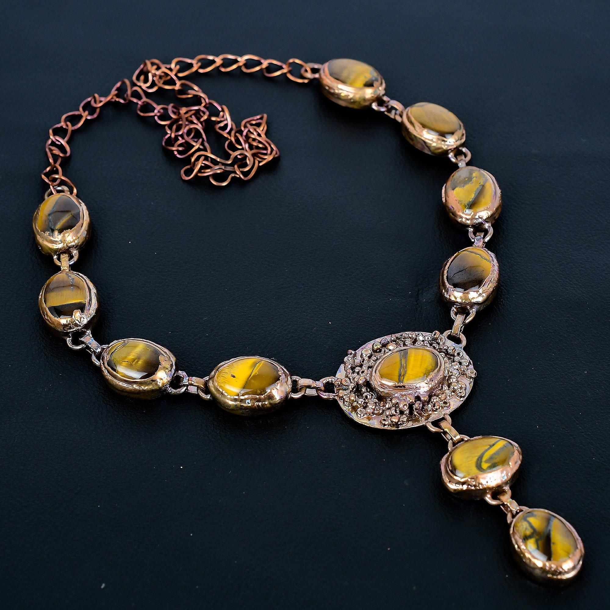 

Tiger s Eye Copper Electroformed Necklace Adjustable, Chain Necklace Handmade Gemstone, Gift For Mom Antique Jewelry 2.55 Inches