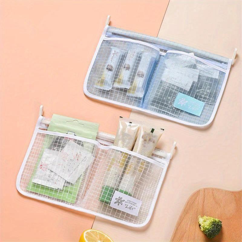 Refrigerator Storage Mesh Bag Double Compartment Hanging Pouch Kitchen Organizer Pockets with Hook Washable Fridge Net Bag