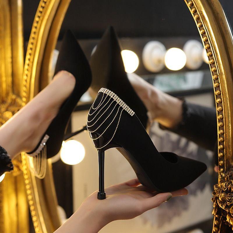 

Thin heels are not tired, single shoes are super beautiful feet, fringed adult ceremony, black high heels, pointed heads, annual banquet 40