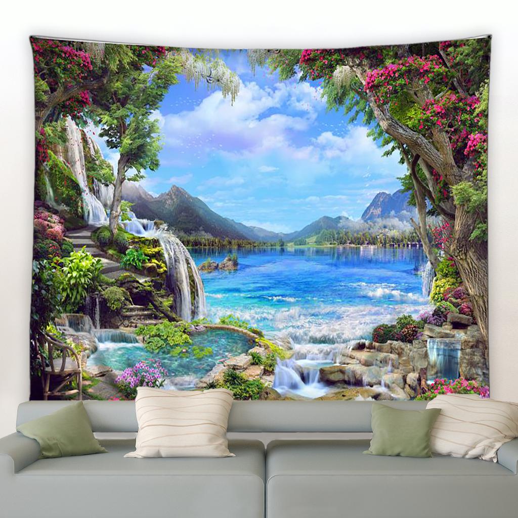 European Seaside Town Flower Tapestry Retro Italian Architecture Plant Scenery Wall Hanging Living Room Room Home Decoration