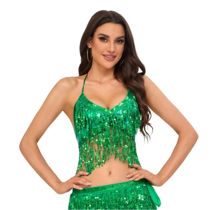 Belly Dance Bandage Glitter Bra Top with Chest Pad Women Belly Dance Costumes for Cosplay Halloween Performances Stage
