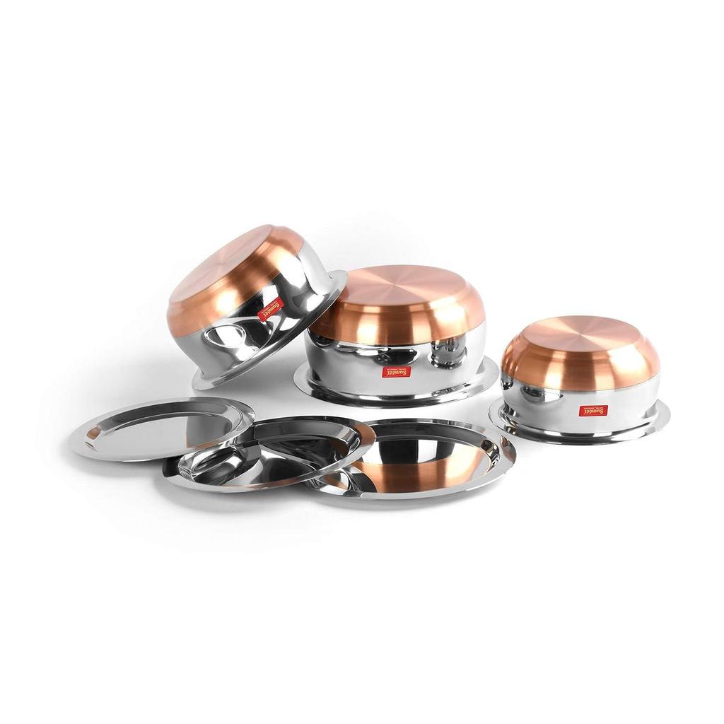 Stainless Steel Copper Bottom Belly Shape 3 Pc Tope/Cookware/Pot Set with Lid 380ML, 500ML, 780ML, (Silver)
