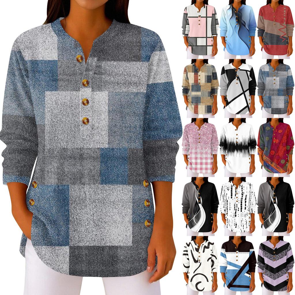 Women's Fashionable Button Collar Long-sleeved Christmas Print Pullover Top