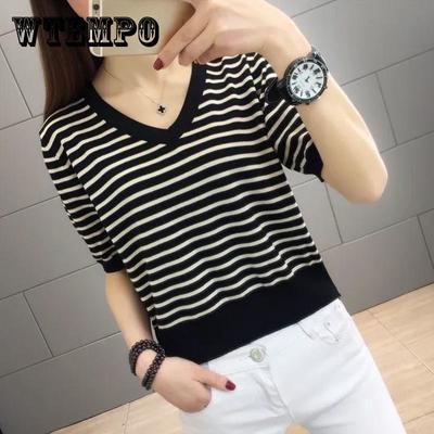 T-Shirt Damen Eisseide Gestreifter Strickpullover Kurz Locker Sommer Damenoberteil Kurzarm Dünn