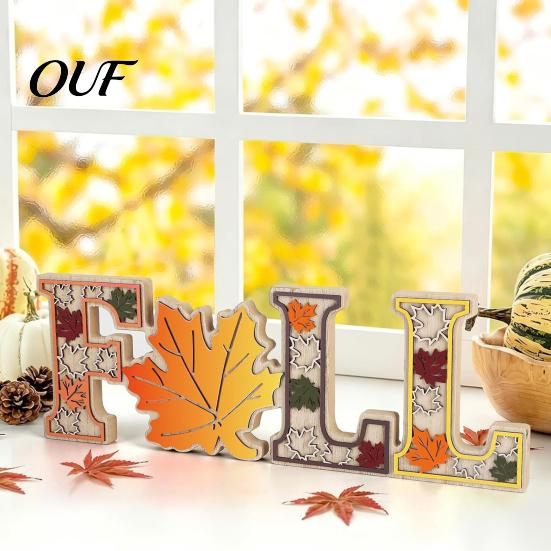 Autumn Harvest Party Ornaments 4Pcs/Set Fall Wooden Tabletop Signs, Maple Leaf Letter Decorations for Seasonal Holiday Supplies Tiered Tray Fireplace