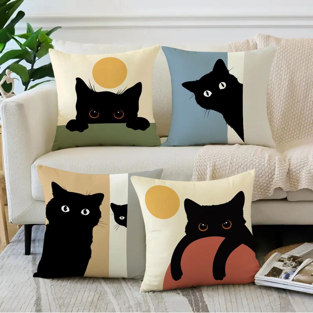 1/4Pcs Cute Cat Pillow Cover, Abstract Cartoon Animal Printed Sofa Cushion Cover, Sofa Bedroom Living Room Decoration