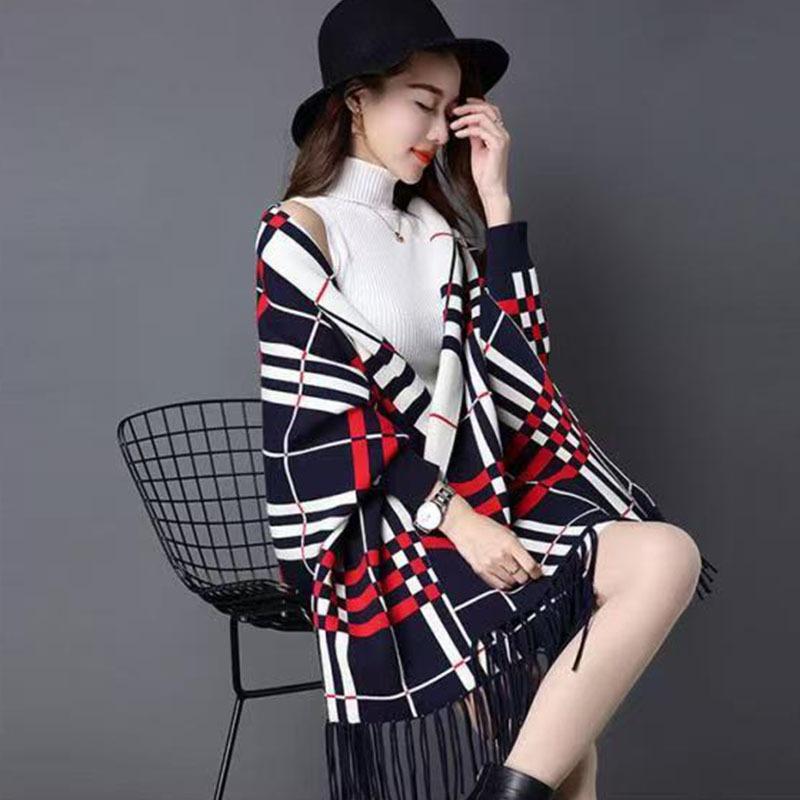 Wintermantel Damen Strickpullover Herbstoutfit Schal Schal Damen Dual-Use beidseitig Ärmel warm kariert Strickumhang