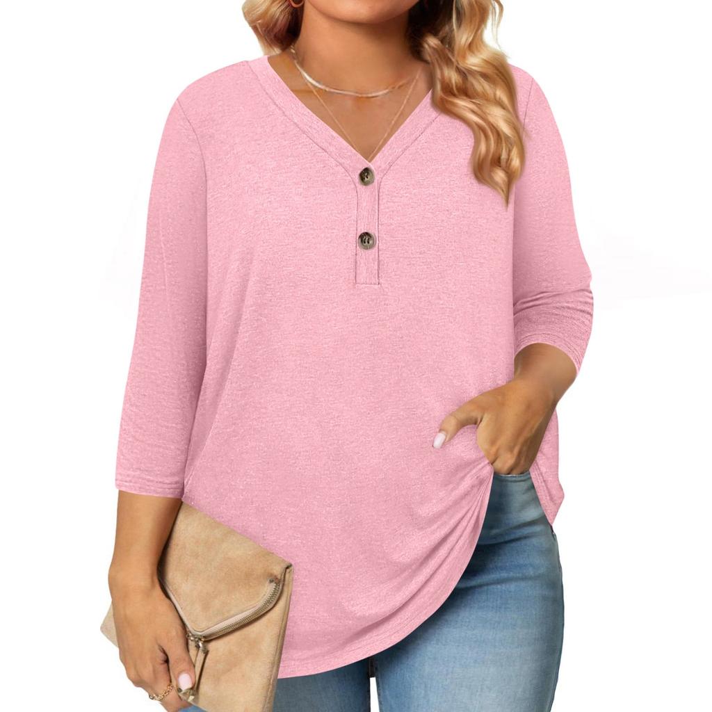 3/4 Length Sleeve Womens Tops Plus Size Button Down V Neck Shirts Blouses Casual Solid Color Loose