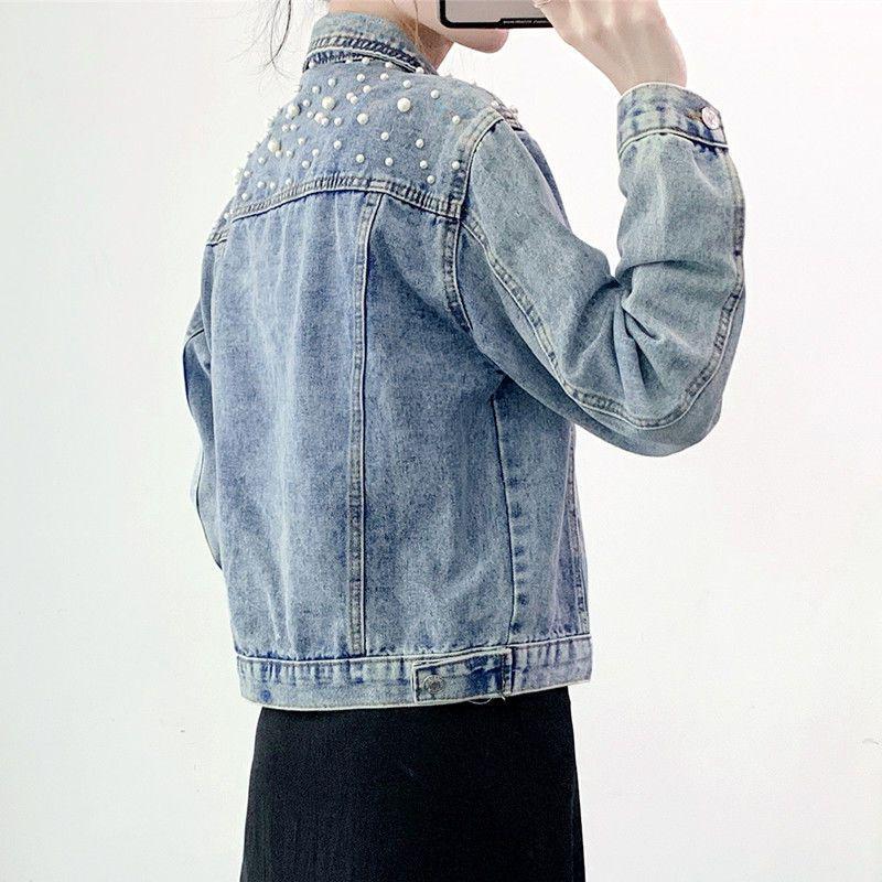 2025 Women's Plus Size Light Blue Denim Jacket with Beaded Rhinestones