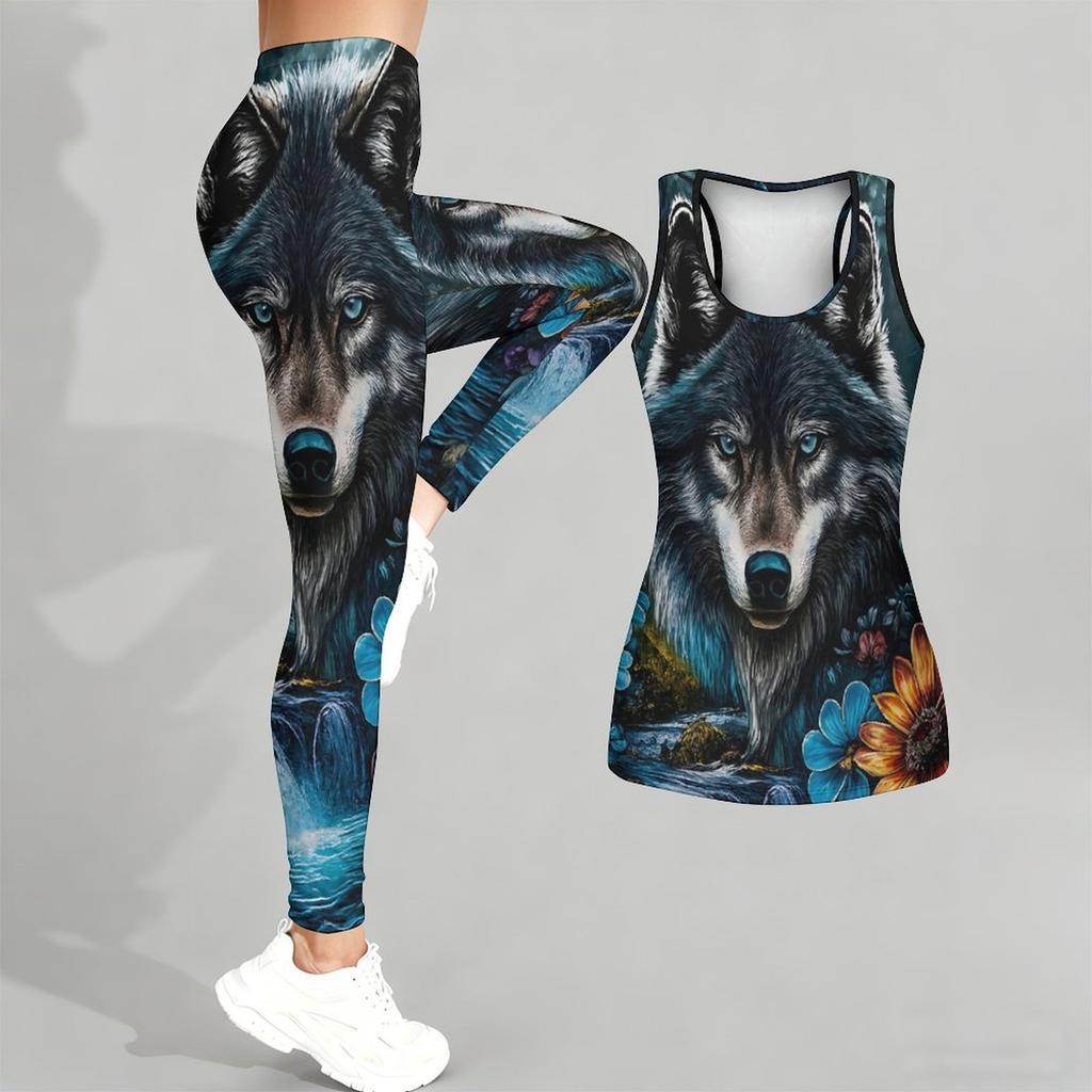 Fierce Wolves Pattern Print Yoga Outfit for Women Fashion Workout Leggings Fitness Sports Casual Yoga Set Sports Suit