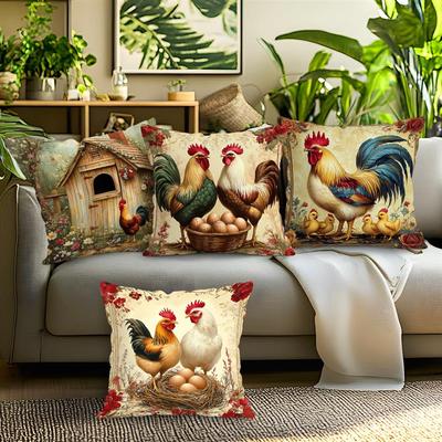 Home Decor Farmyard Roosters and Eggs Pillow Covers Pattern Cushion Cover Suitable for Sofa Bedroom Car Pillow Cover