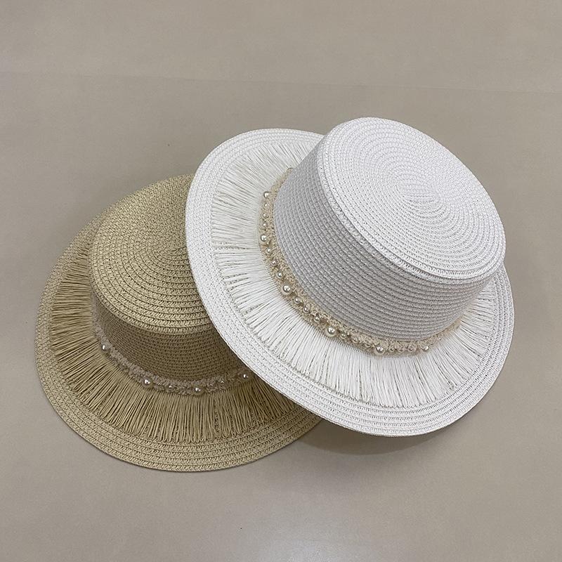 Tassel Pearl Flat Top Straw Hat Women'S Summer British Top Hat Travel Casual Sun Hat Outdoor Sun Protection Hat