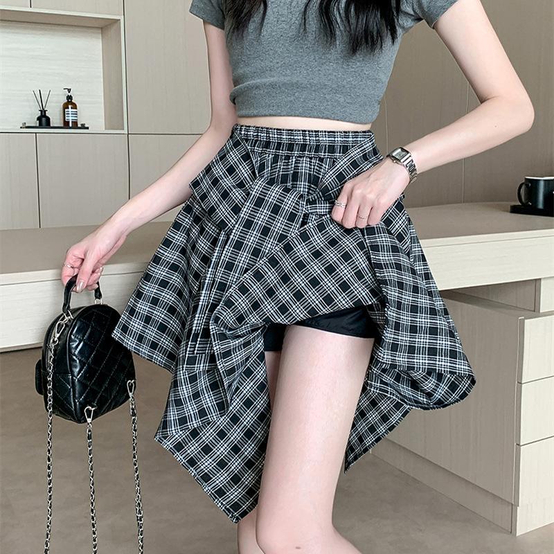 Blue Irregular Strap Skirt Women's Summer Design Sense Niche Plaid Skirt