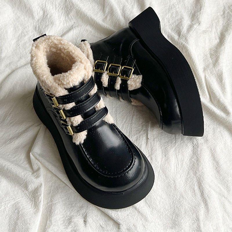 Women's Belt Buckle Soft Sole Winter Warm Fur One Snow Boots Padded Lined Ankle Boots Non-Slip Hiking Casual Sports Cotton Boots Martin Boots