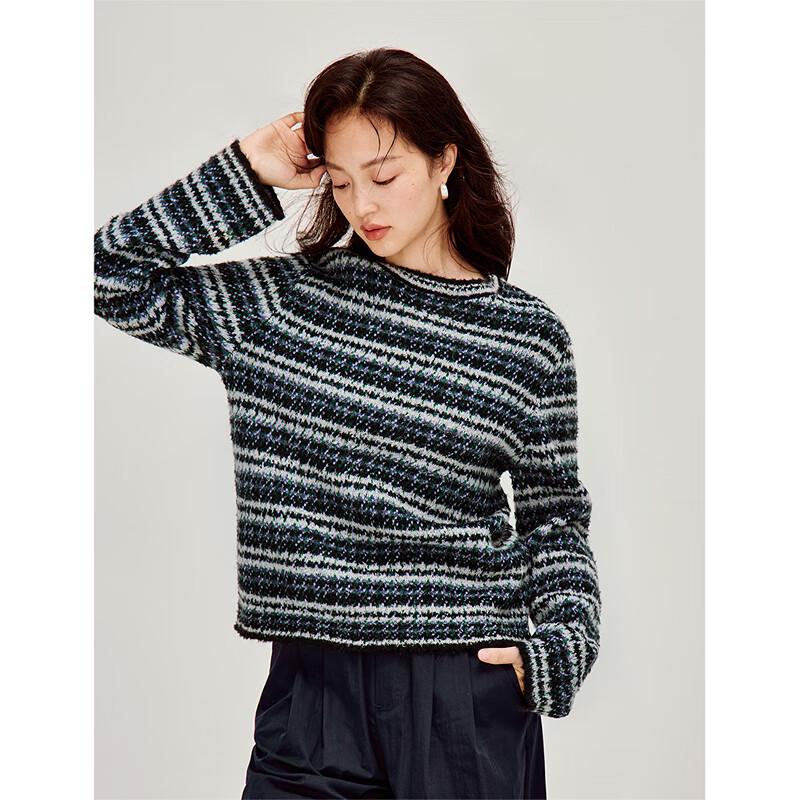 INMAN Women's Retro Color-Block Striped Long Sleeve Sweater