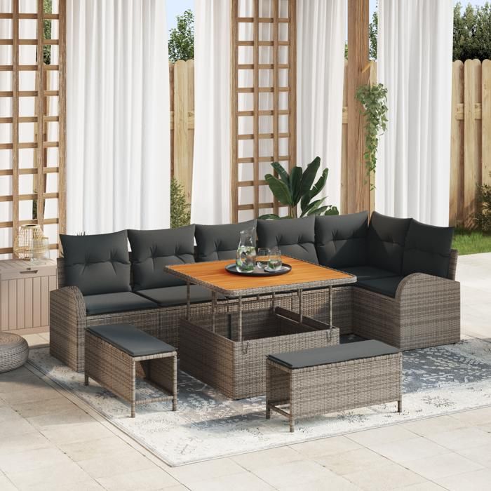 Ensemble de Canapé de Jardin de 9 Pièces avec Coussins Gris Rattan Poly Acacia 3362408