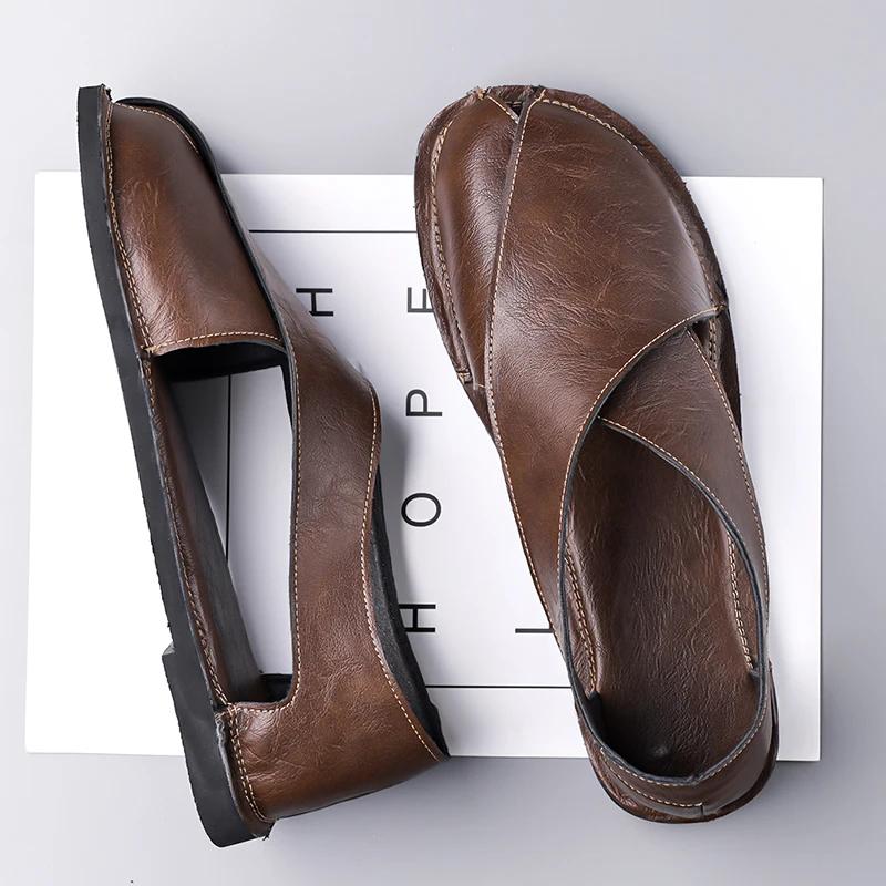 Men Flat Bottom Casual Leather Sandals Summer New British Style  Soft Bottom Anti-Slip Business Shoes Breathable Roman Sandals