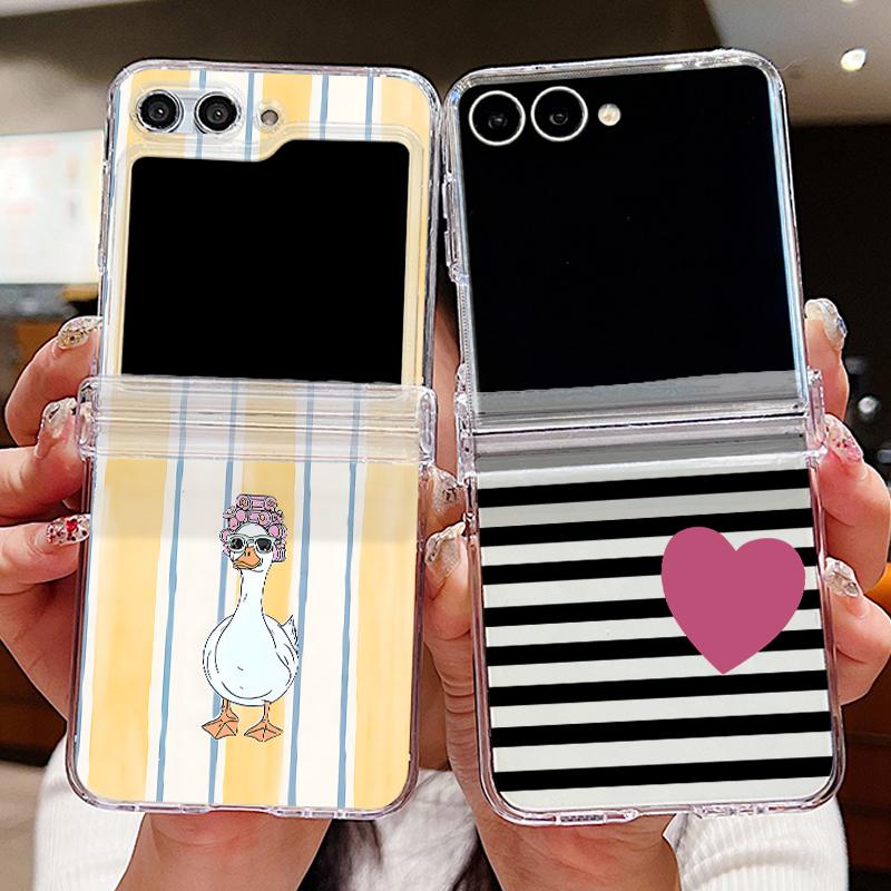 Fashion Striped Duck Heart Case For Samsung Galaxy Z Flip 8 7 FE 6 5 4 Z Flip8 Flip7 Flip6 Flip5 Hinged Clear PC Slim Hard Folding Phone Cover