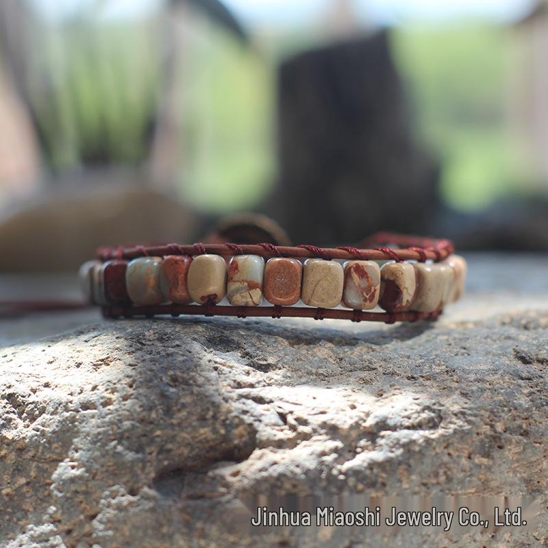 Freeform Shoushan Stone 5x7 Emperor Leather Woven Bohemian Bracelet