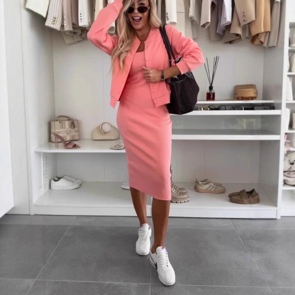 Summer Solid Color Two-Piece Set: Spaghetti Strap Dress with Cardigan
