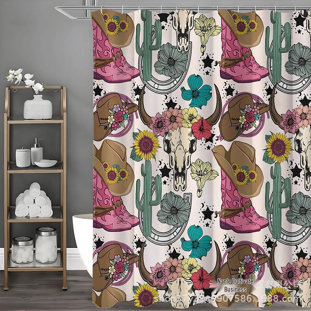 Shower Curtain Set: Cow Bone & Boot Pattern with Waterproof Fabric