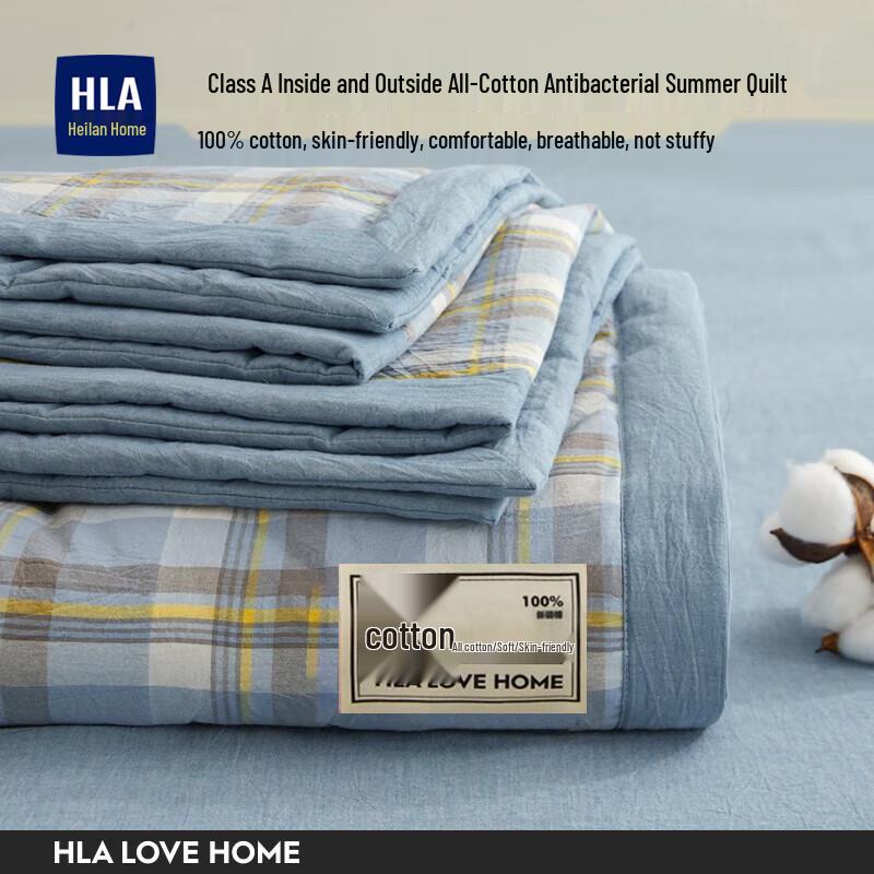 

HILAN HOME Simple Grid Blue 100% Cotton Summer Quilt