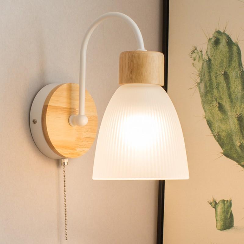 Simple and Modern LED Wood Glass Wall Lamp Bedroom Bedside Cable Switch Wall Lamp Corridor Balcony Entrance LED Light Luster