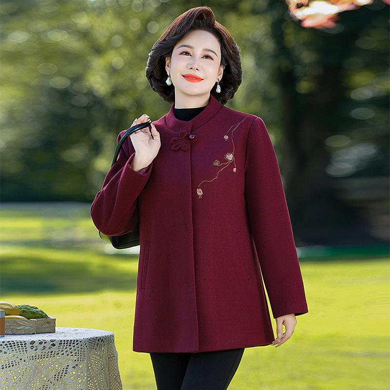 

Stylish Woolen Coat for Middle-Aged and Elderly Women - Spring & Autumn Round Neck Top for Mothers & Grandmothers 2XL (105-120 jin) вина червоного кольору