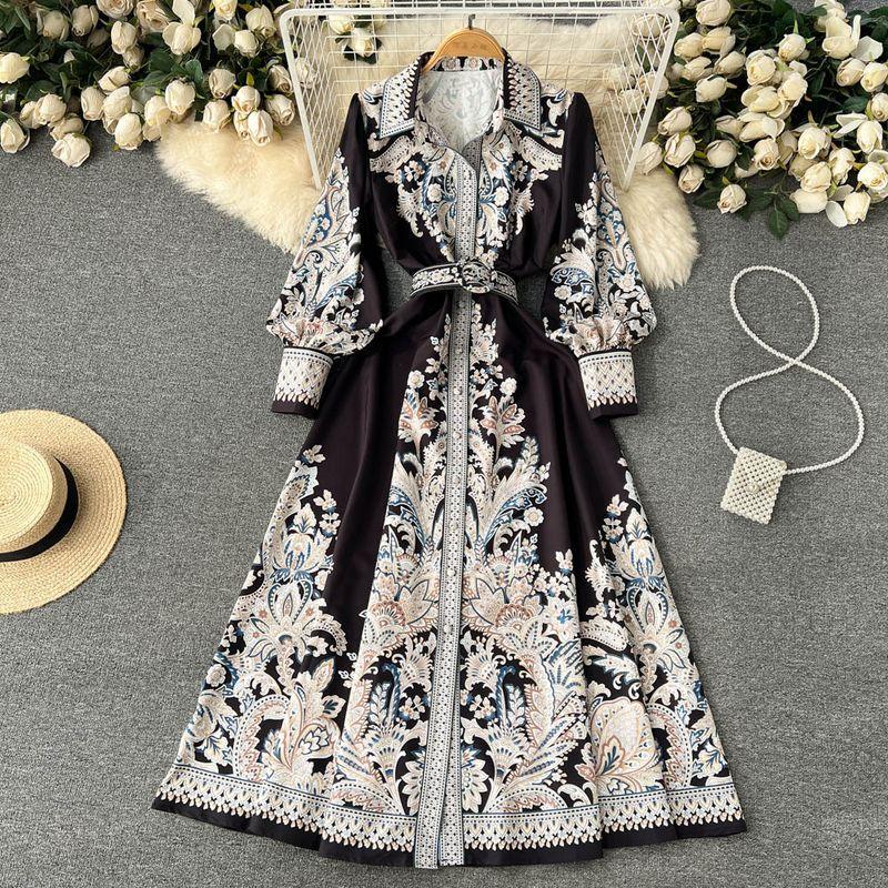 

Lapel Single Breasted Swing Palace Style Print Dress Black XL