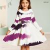Girls Long Sleeve Green Gold Printed Faux Fur Collar Bow Waist A Line Flared Dress