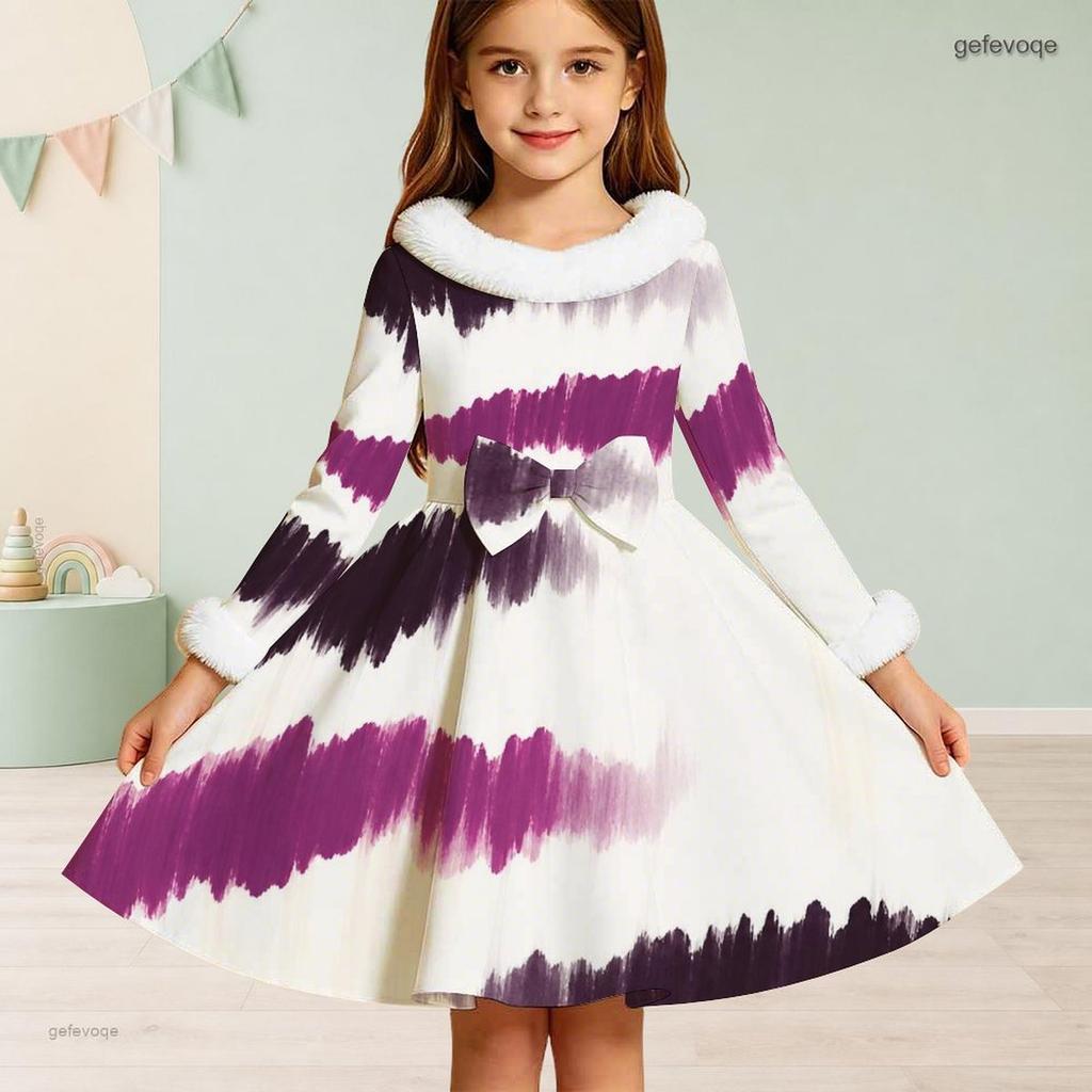 Girls Long Sleeve Green Gold Printed Faux Fur Collar Bow Waist A Line Flared Dress