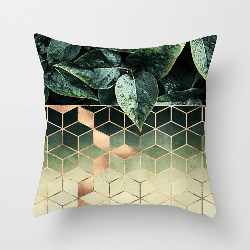 Green Plant Geometric Cushion Cover Peach Leather Fleece Home Pillow Case Sofa Office Cushion Head Back Cover