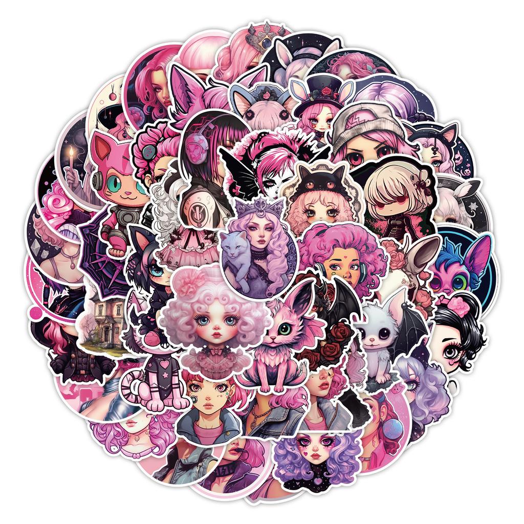 50 Sheets of Pastel Gothic Girl Stickers Skateboard Suitcase Mobile Phone Decoration Stickers Waterproof Creative Stationery Stickers