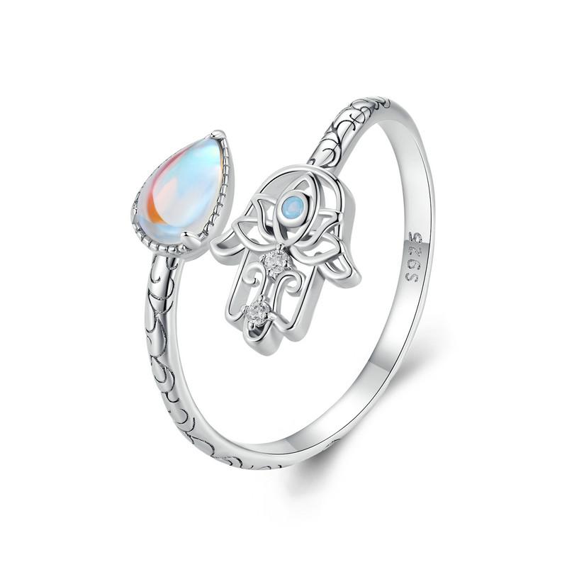 WOSTU 925 Sterling Silver Lucky Hand Of Fatima Opening Ring Rainbow Moonstone Teardrop Stackable Rings Party Jewelry Gift