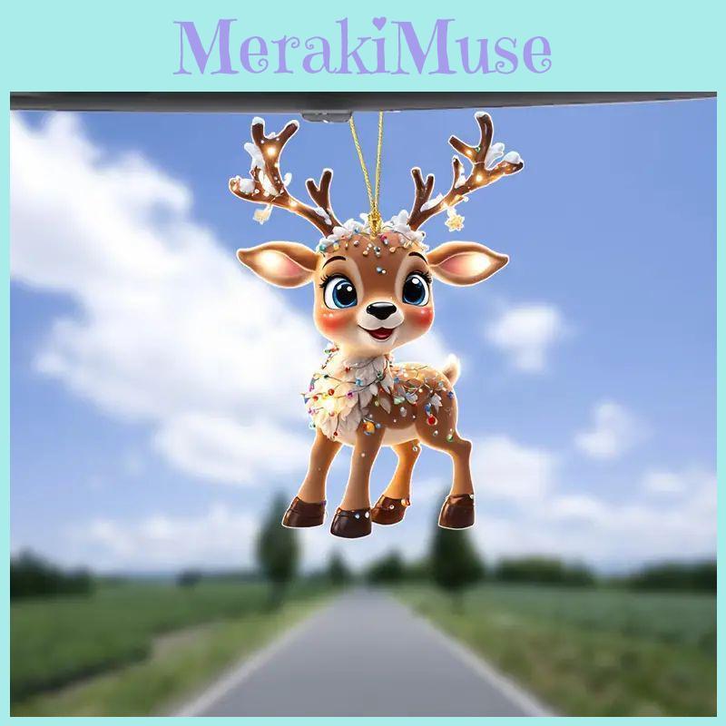 Festive Acrylic Reindeer Christmas Tree Decoration Charming Car Rearview Mirror Hanging Ornament