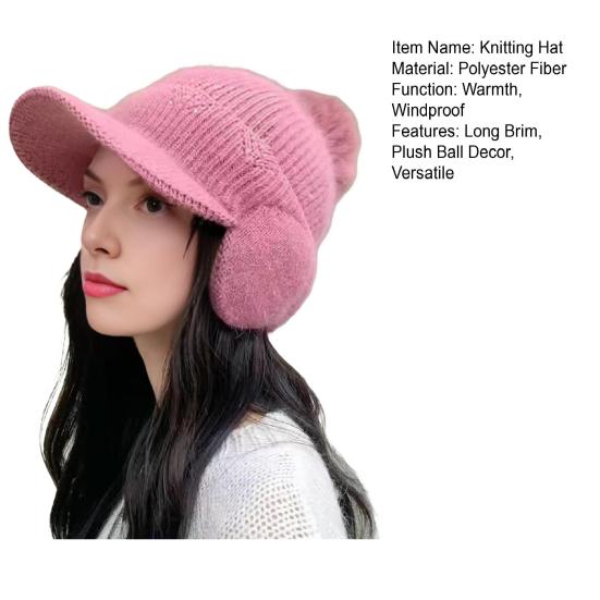 Knitting Hat Solid Color Plush Ball Decor Ear Protection Winter Hat Winter Thickened Warm Windproof Hat Headwear