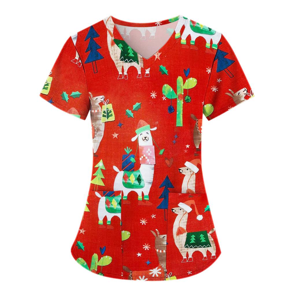 Fruit Plus Size V-Neck Tops Pockets Women Working Uniform Nurse Orange Banana Wear Print Femme Blouse Medical Uniforms Shirts