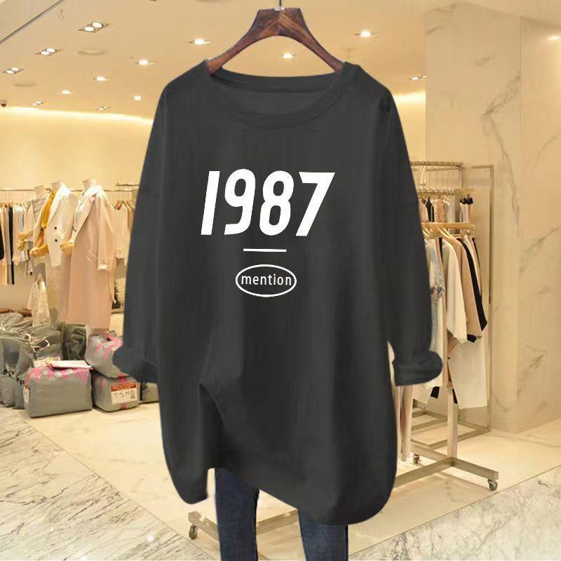 

Повседневная футболка с принтом цифр, средней длины, женская, классическая, с длинным рукавом, с круглым вырезом, хлопковая, модная, универсальная, женский свободный топ XXXL темно серый