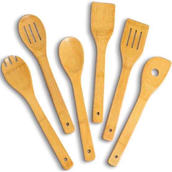 IOOLEEM Bamboo Wooden Spoons for Cooking 6 Pcs 12 Inch, Non-Stick Wooden Kitchen Utensils Set, Natural and Durable Wooden Spatula Spoons for