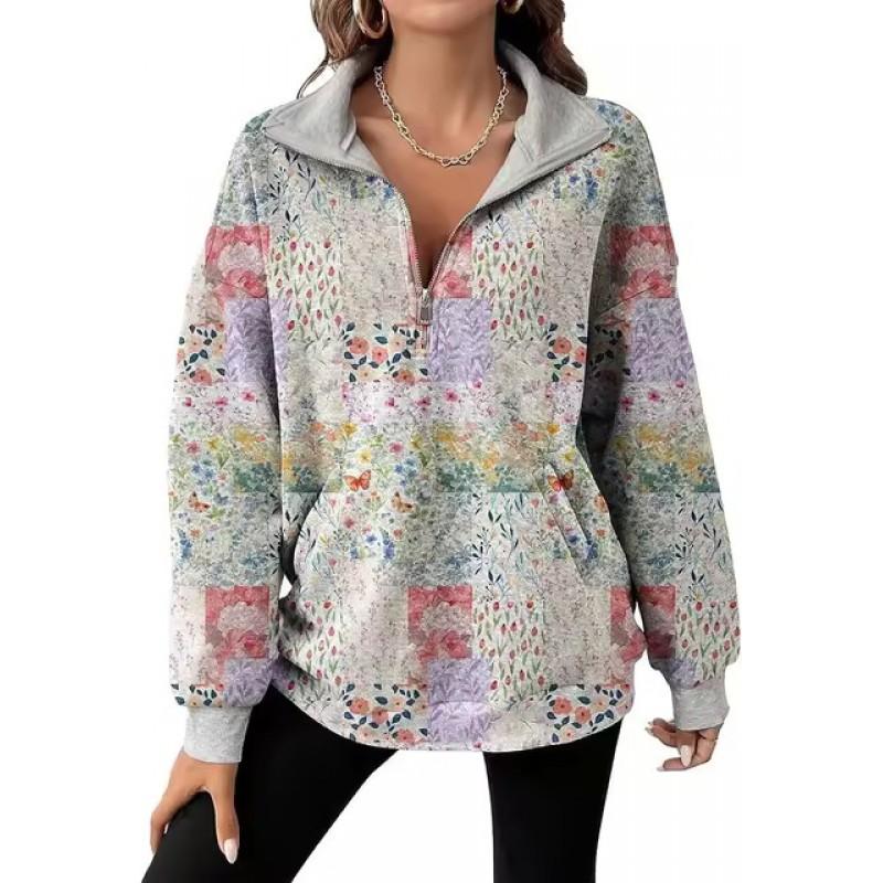 Womens Oversized Long Sleeve Pullover Top With Floral Print Half-Zip Collar Casual Cotton Sweatshirt