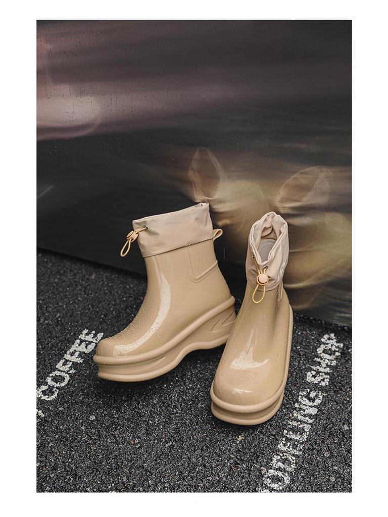 Women's Waterproof Thick-Soled Drawstring Rain Boots - Short, Height-Boosting Rubber Shoes for Outdoor and Kitchen Use