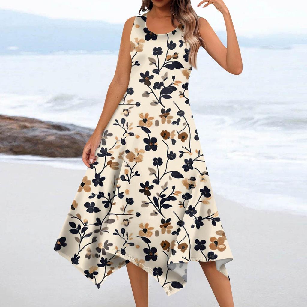 Women's Casual Fashion Round Neck Sleeveless Floral Print Irregular Hem Midi Dress