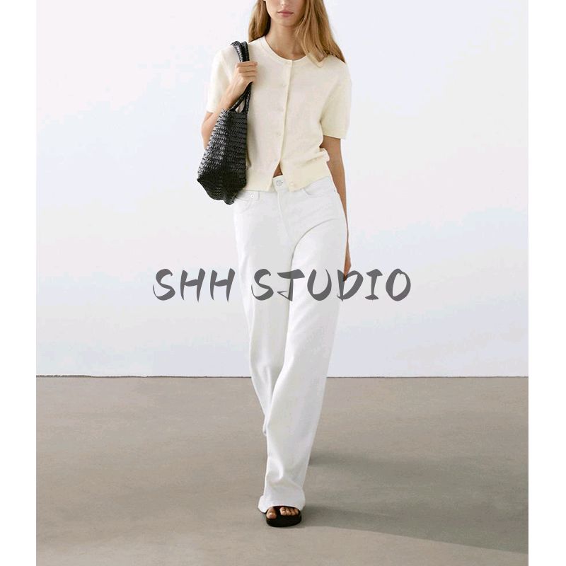 MD Summer Women's Clothing Minimalist Gentle Elegant Work Clothing Cotton round Neck Short Sleeve Knitting Cardigan 5657574