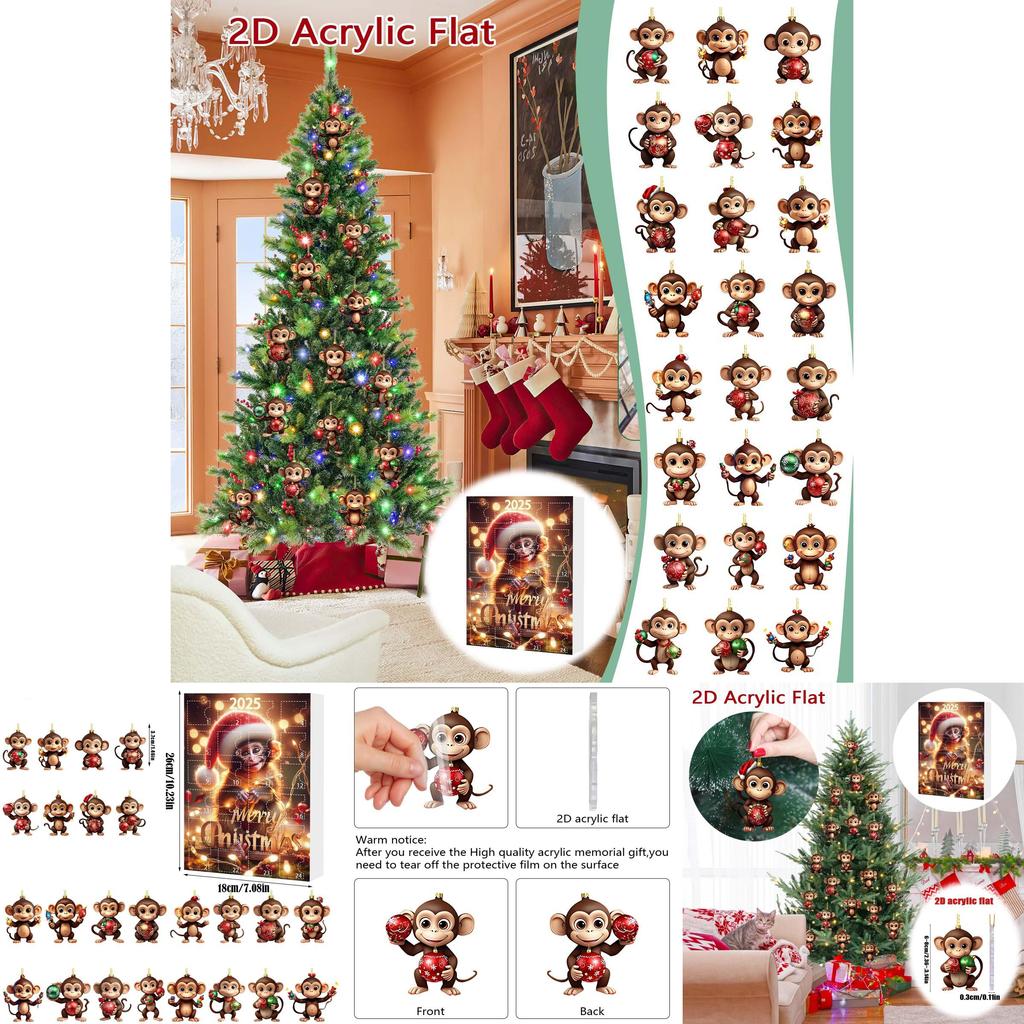 Christmas Advent Calendar With 24 Acrylic Monkey Ornaments For Kids And Family Holiday Decor