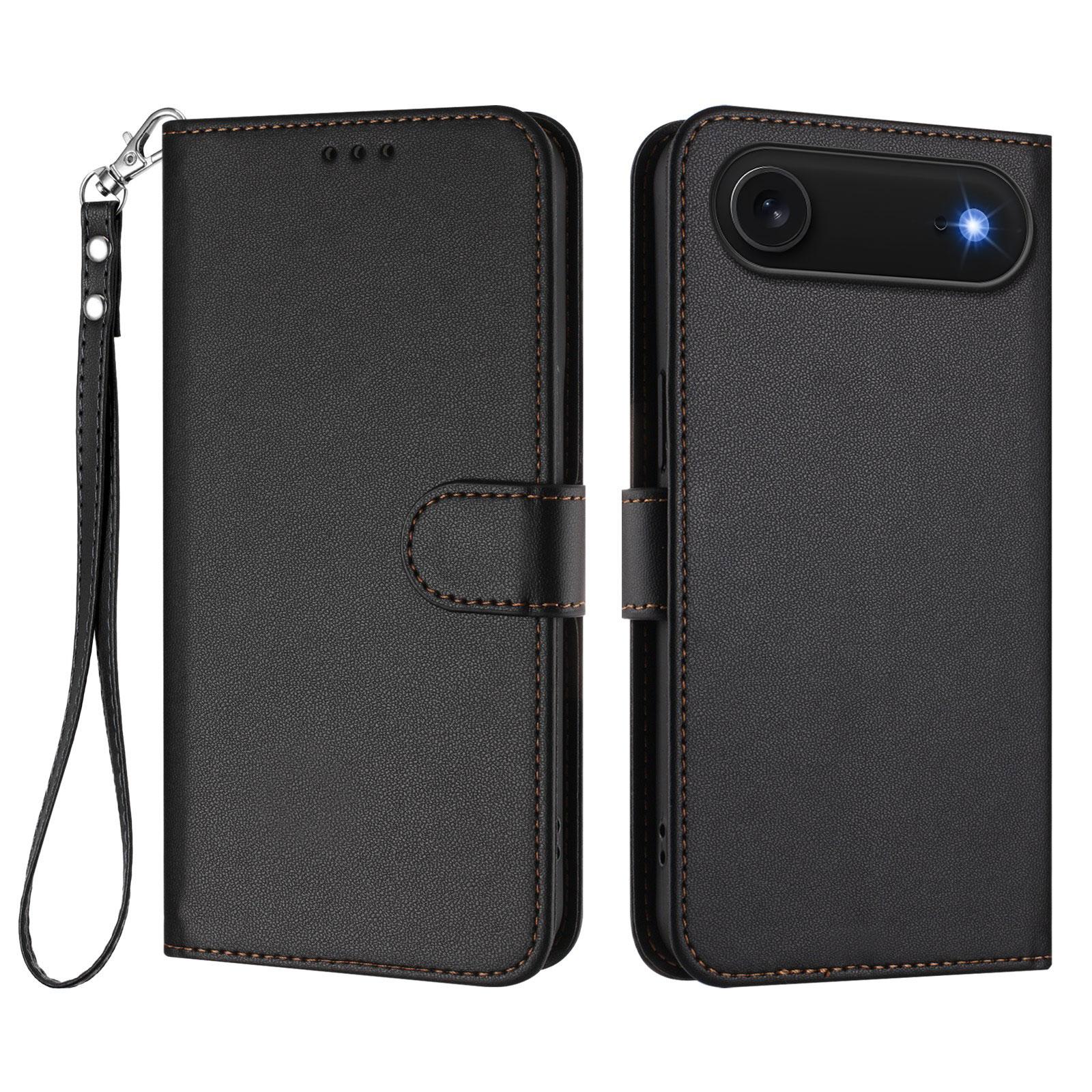 

For iPhone 17 Air Leather Case Wallet Stand Phone Cover with Wrist Strap Black