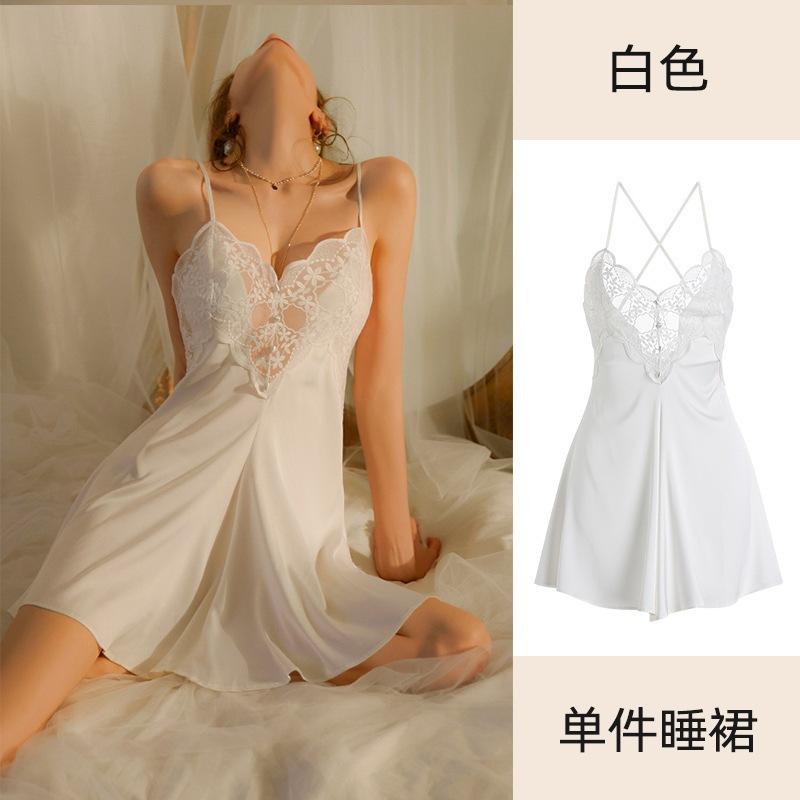 Sexy Pajamas Women's Ice Silk Summer Thin Style with Chest Pad New Summer Pure Lace Suspender Nightdress