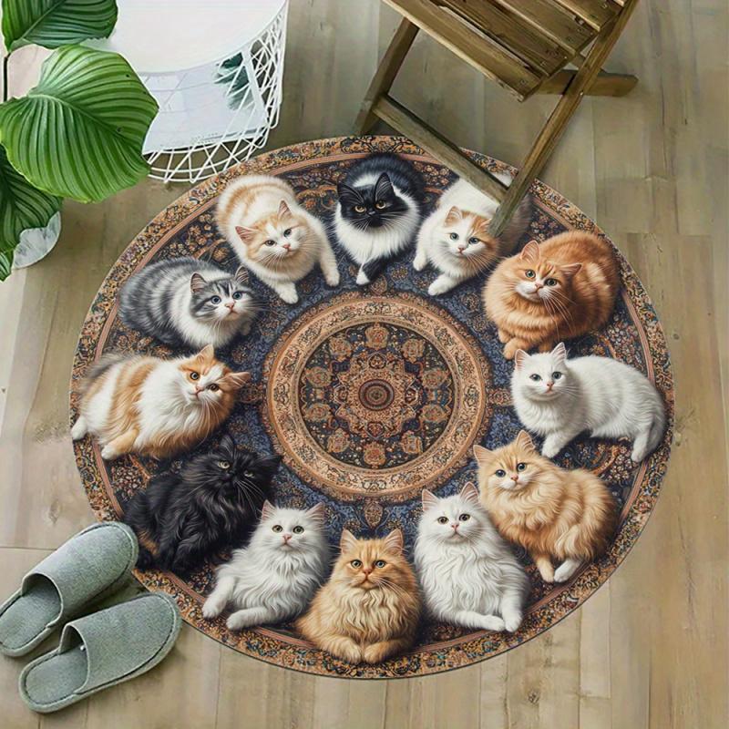 VIKAMA  Charming Kitten-Motif Vintage Round Rug Living Room, Study, Office Chair Round Mat Stylish Home Decor Rug